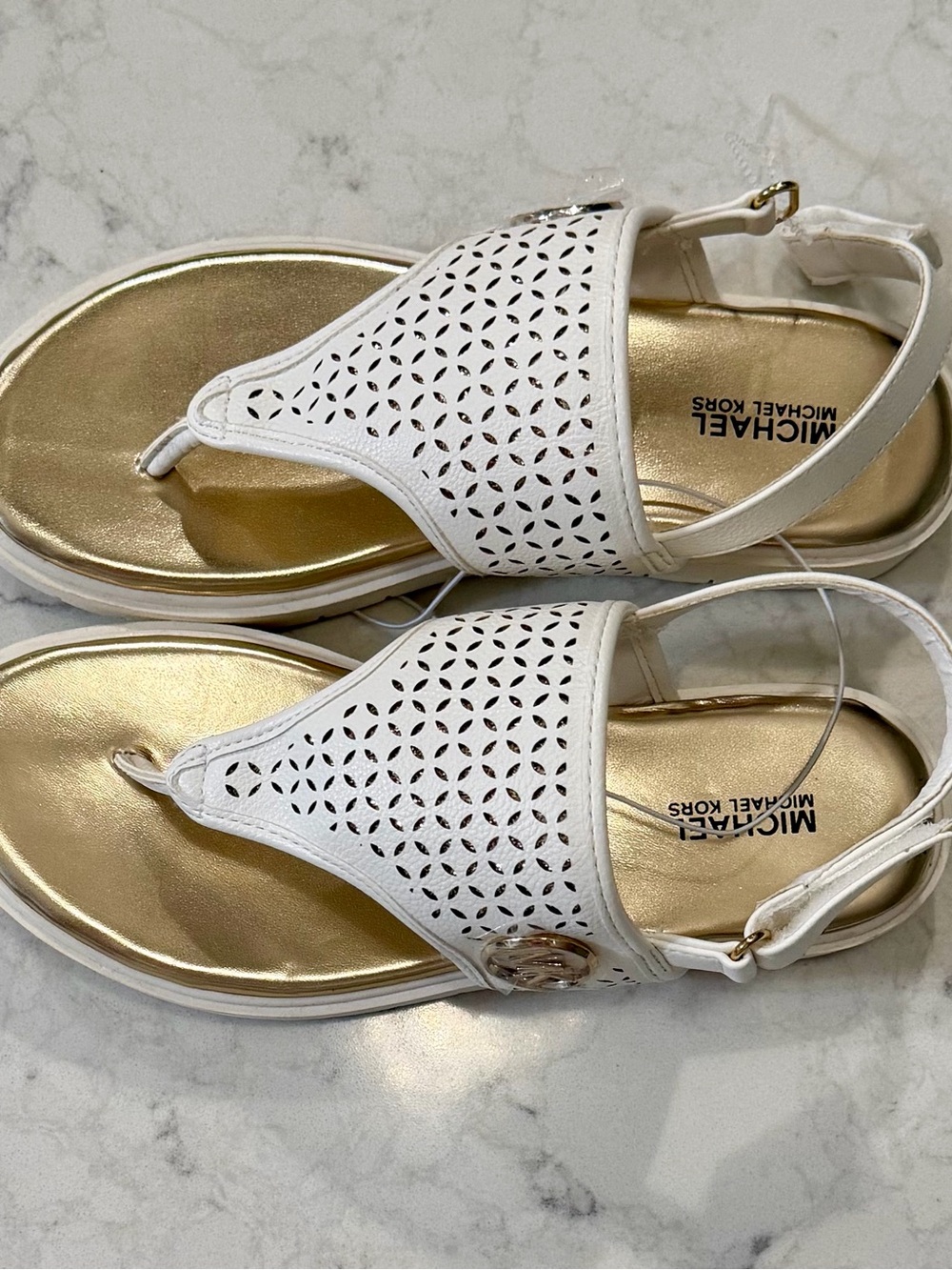 Michael Kors White Perforated Thong Sandals with Gold Footbed